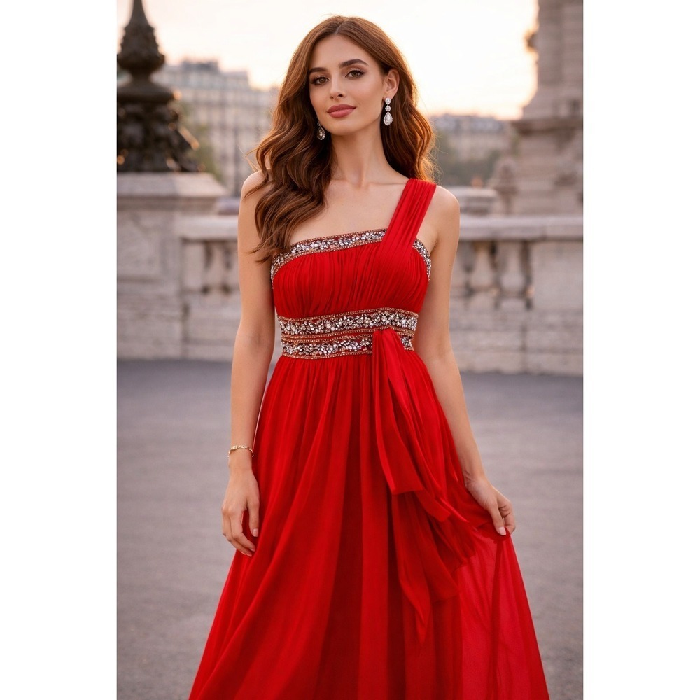 FabuLuxe Couture Red One-Shoulder Beaded Evening Gown Size Large Hand Beaded